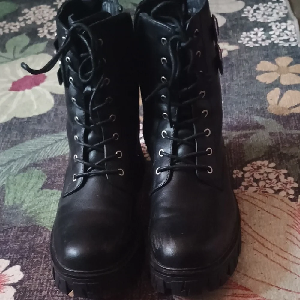 Black Combat Boots with Silver Buckle And Zipper Detail - Picture 3 of 7